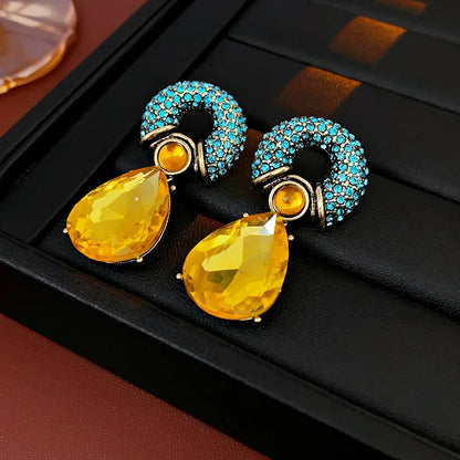 Rhinestone Circle Water Drop Metal Earrings