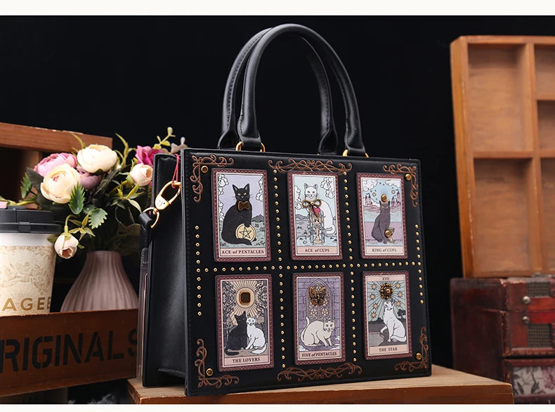 Vintage Cat Print Leather Tote Bag