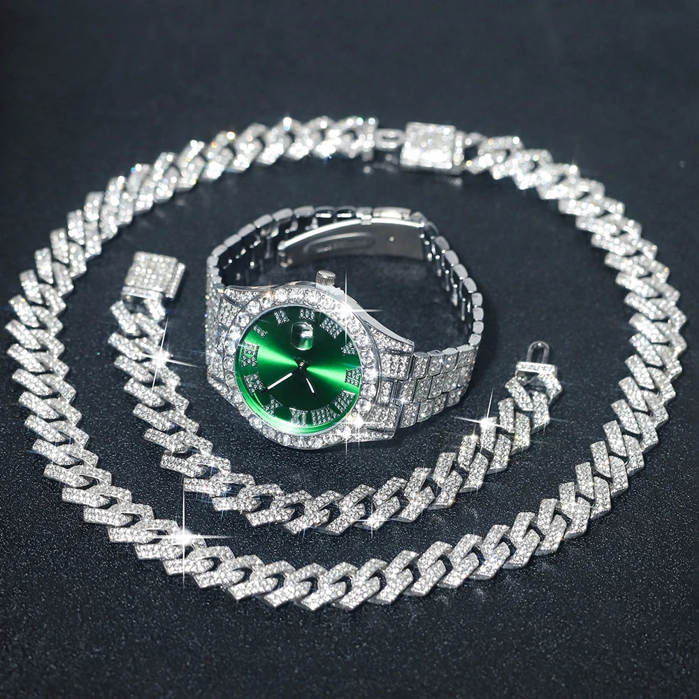 Men's Silver Hip-Hop Watch & Jewelry Set