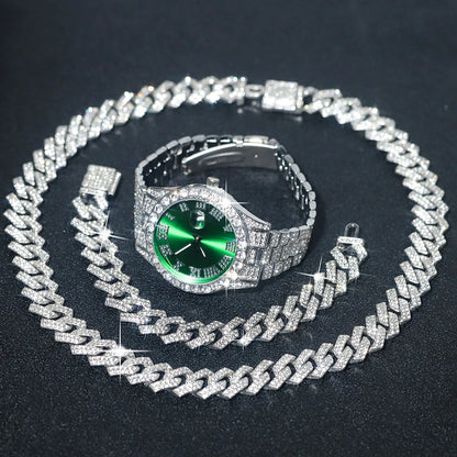 Men's Silver Hip-Hop Watch & Jewelry Set