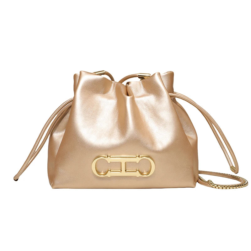 CH Drawstring Bucket Bag – PU Leather Gold Chain Handbag