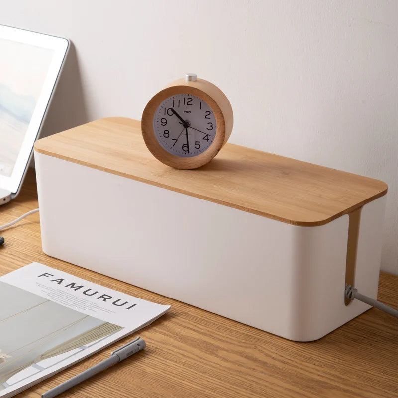 Wooden Cable Storage Box Power Strip Organizer