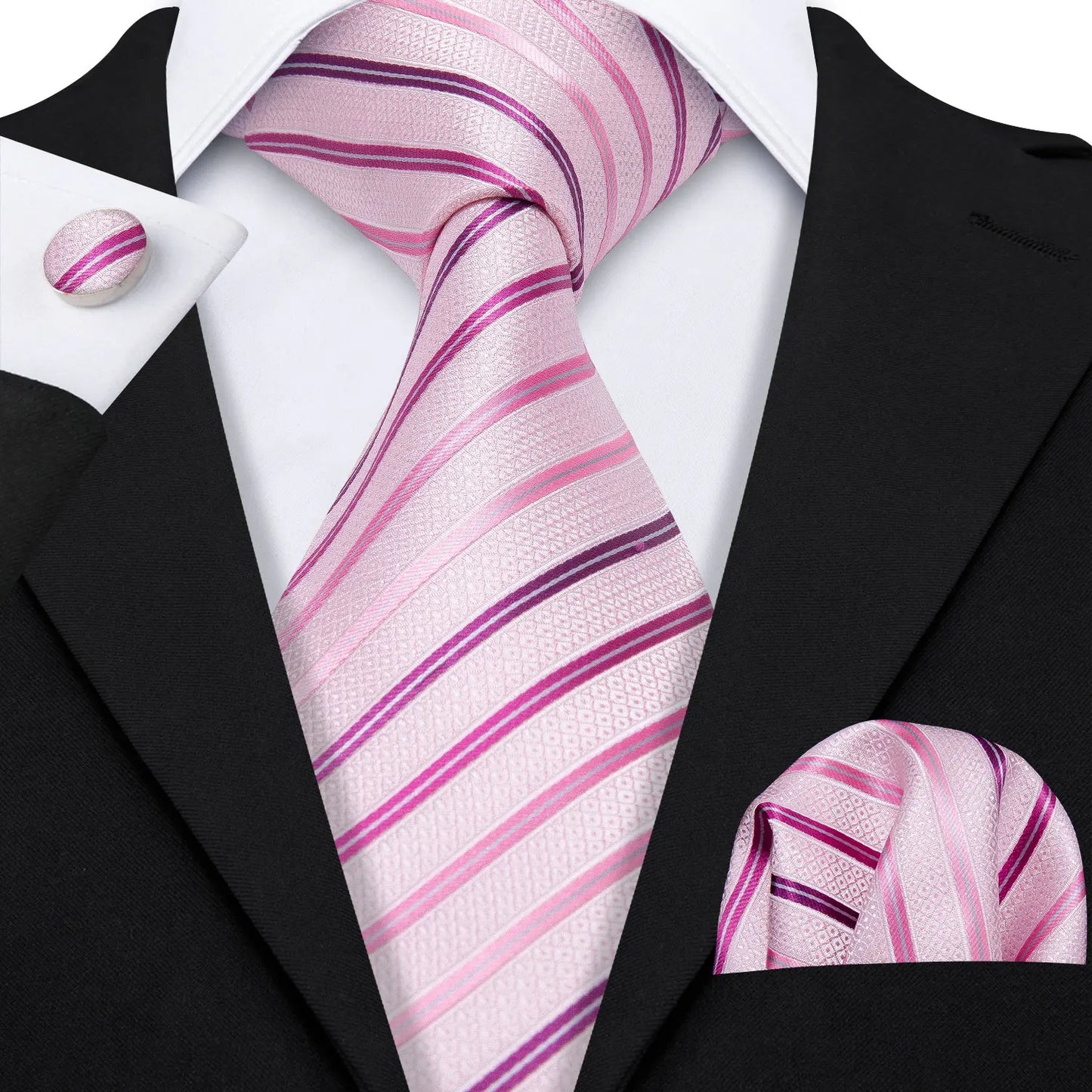 Barry Wang Jacquard Striped Silk Men's Tie Pocket Square Cufflinks Set