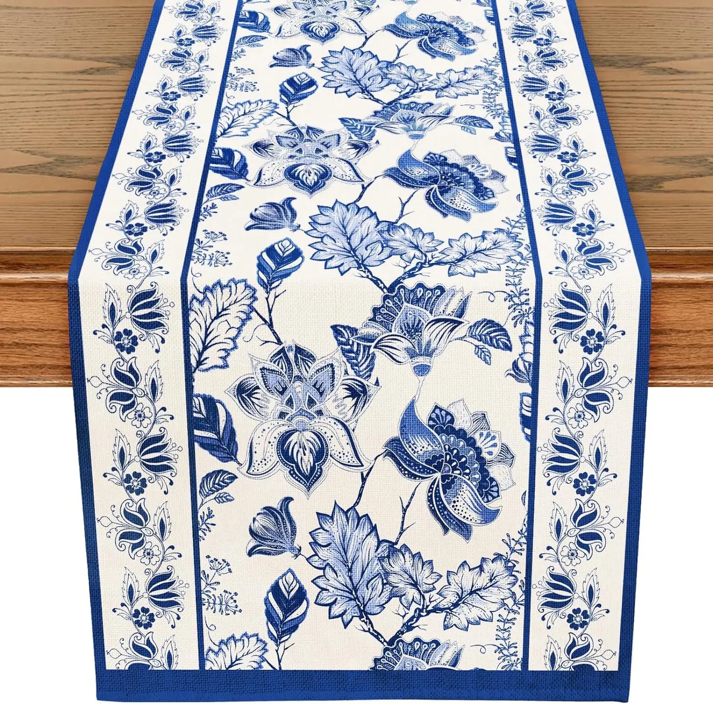 Blue Floral Linen Table Runner