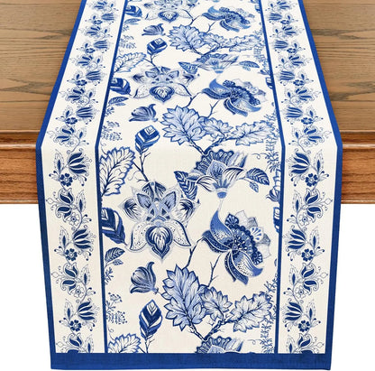 Blue Floral Linen Table Runner