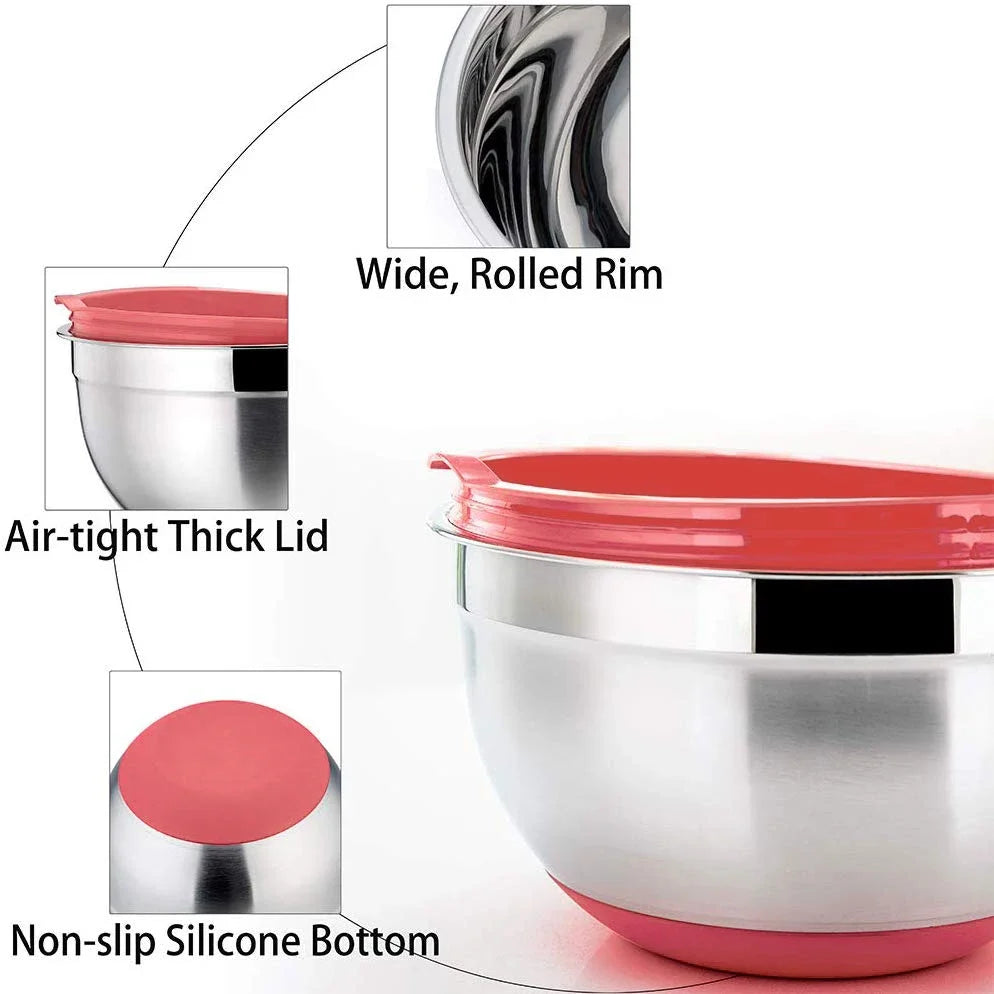 Stainless Steel Mixing Bowl with Lid & Non-Slip Silicone Base