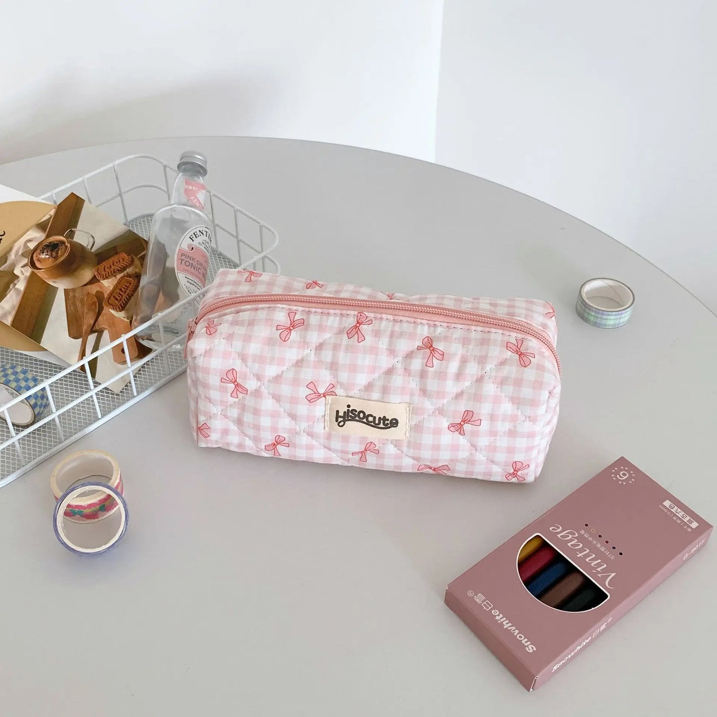 Fresh Plaid Bow Print Pencil Case