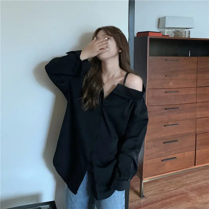 Korean Style Off Shoulder Long Sleeve Shirt