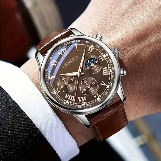 Roman Numeral Leather Strap Quartz Watch
