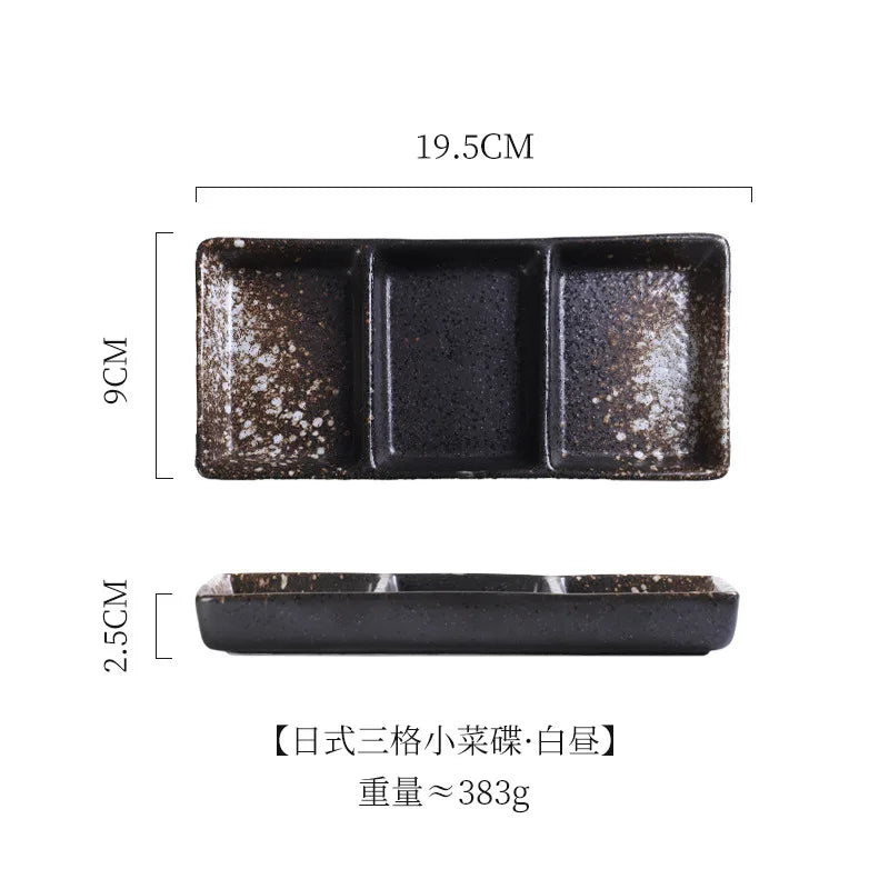 Japanese 3-Compartment Ceramic Sauce & Sushi Dish