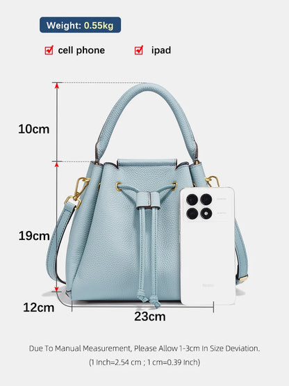 Genuine Leather Top-Handle Bucket Bag