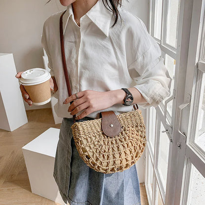 Handmade Half Moon Straw Crossbody Bag