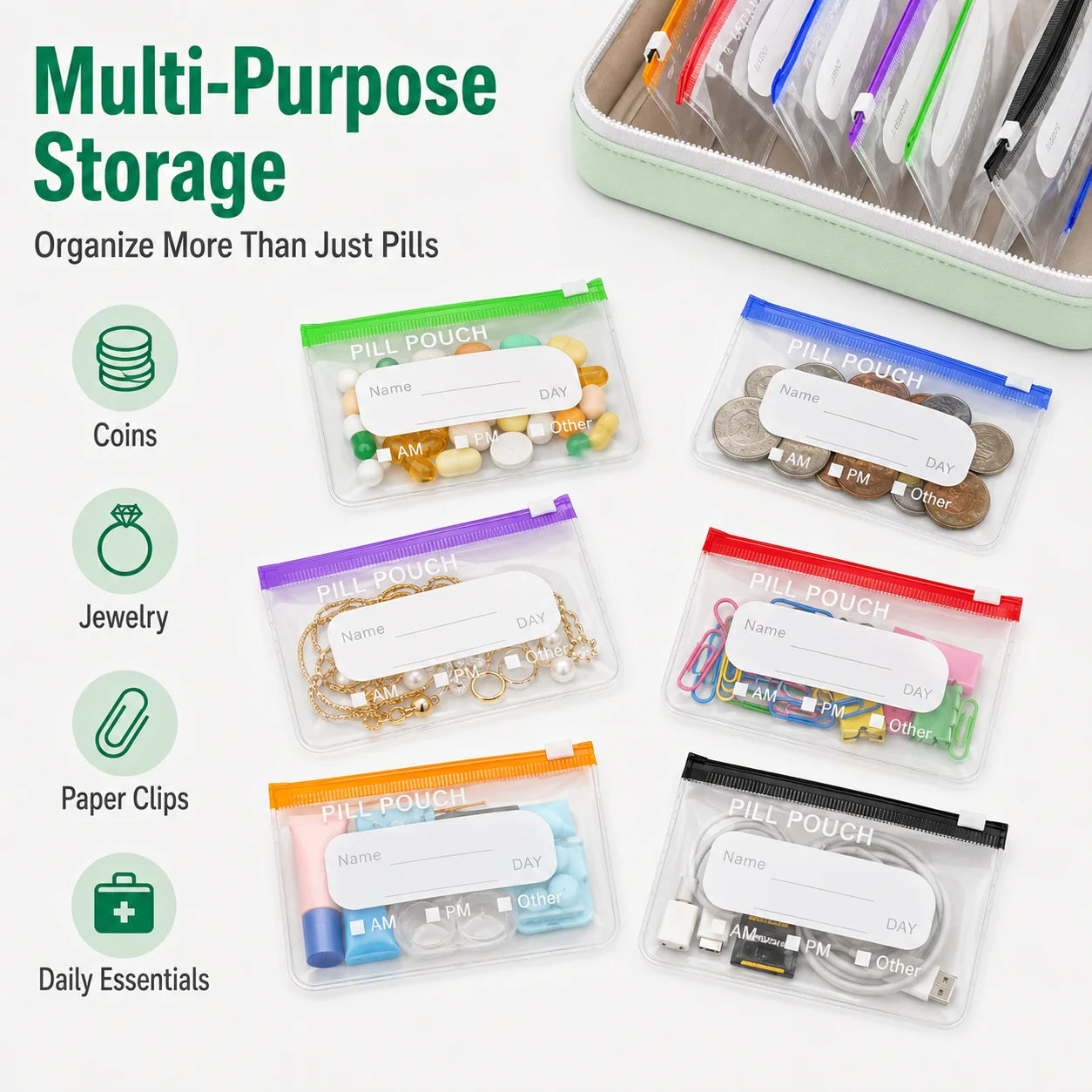 Travel Pill Organiser with 14 Reusable Pouches