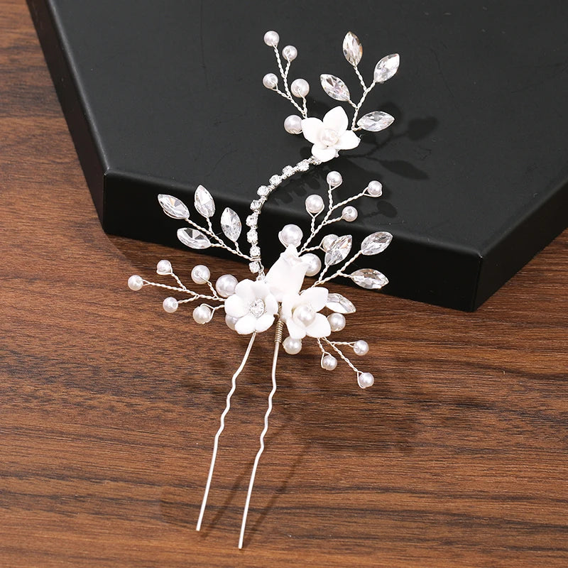 Pearl Rhinestone Flower Hair Pins