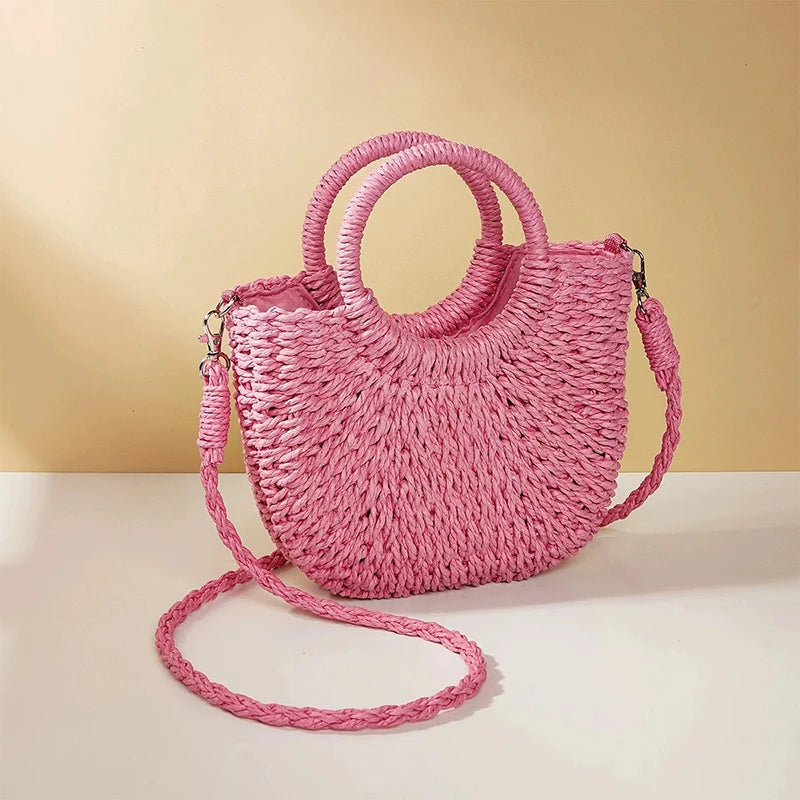 Half-Round Woven Straw Beach Tote Bag