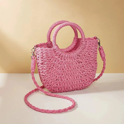 Half-Round Woven Straw Beach Tote Bag