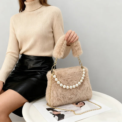 Pearl Chain Plush Shoulder Bag