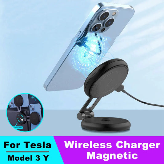 Magnetic Car Phone Holder For Tesla Model Y 3 Wireless Charger 360 Rotation