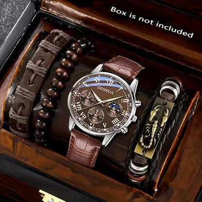 Men's Brown Leather Quartz Watch & Bracelet Gift Set