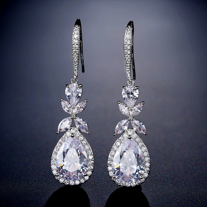 Zakol Elegant Shiny Cubic Zirconia Leaf Tassel Earrings