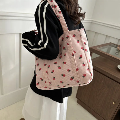 Corduroy Strawberry Print Tote Bag