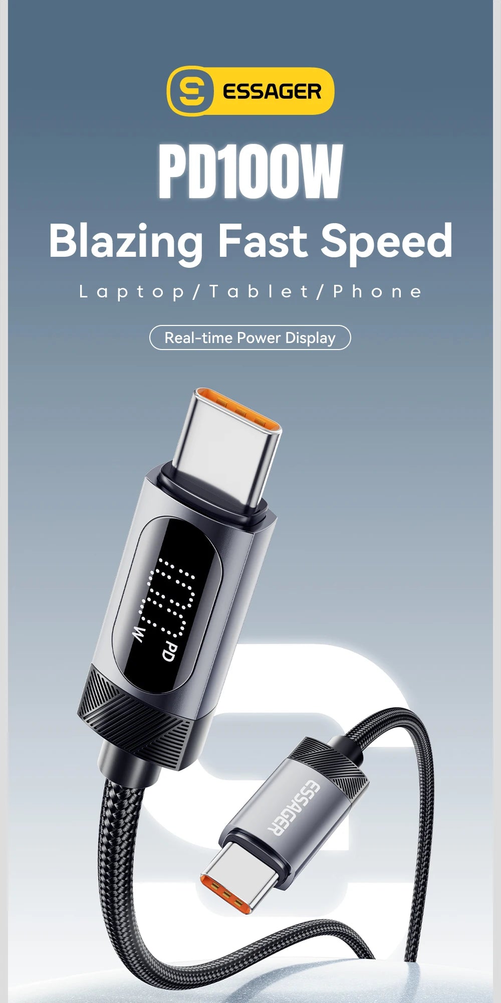 Essager Braided USB-C PD Charging Cable – 100W with Digital Display