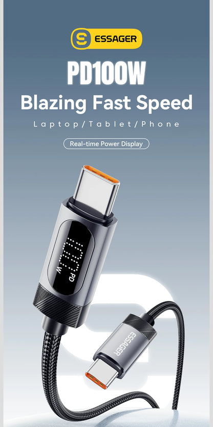 Essager Braided USB-C PD Charging Cable – 100W with Digital Display