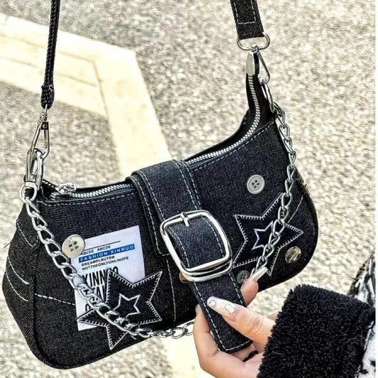Denim Canvas Shoulder Bag with Chain Strap