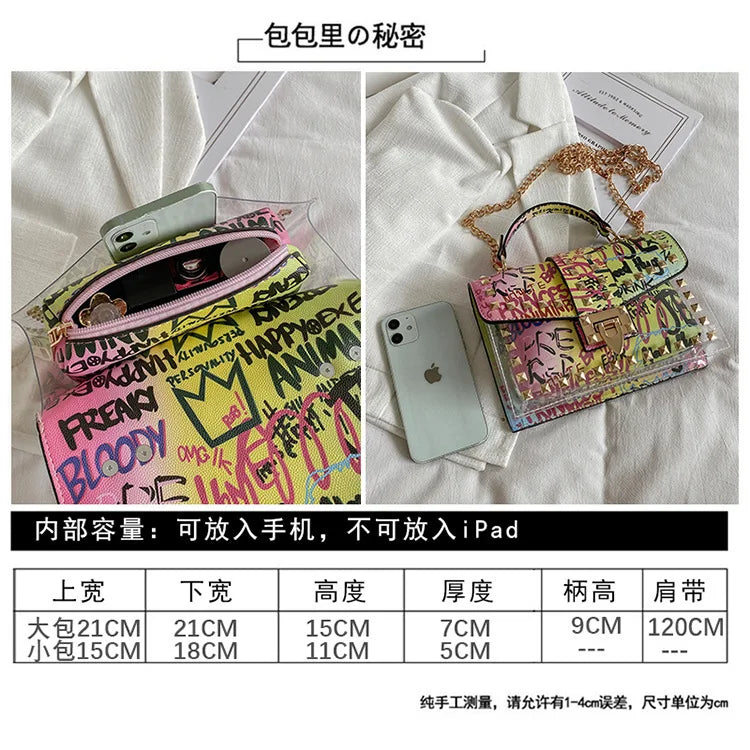 Studded Graffiti Crossbody Satchel Bag