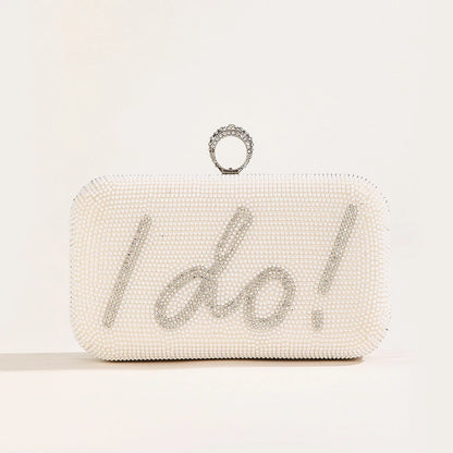 Women’s Pearl Beaded “I Do” Wedding Clutch with Chain Strap