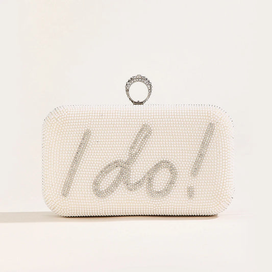 Women’s Pearl Beaded “I Do” Wedding Clutch with Chain Strap
