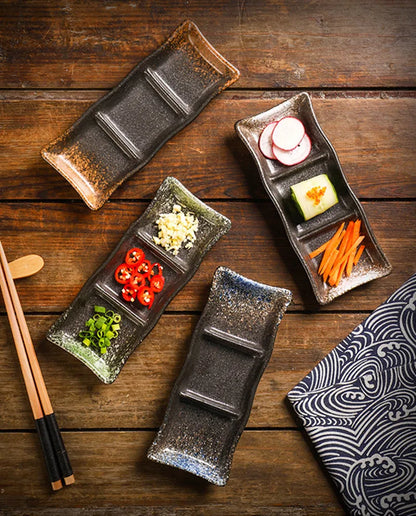 Japanese 3-Compartment Ceramic Sauce & Sushi Dish