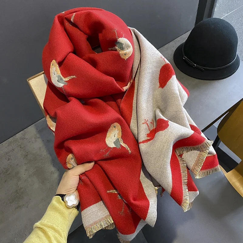 Women’s Winter Bird Print Warm Scarf