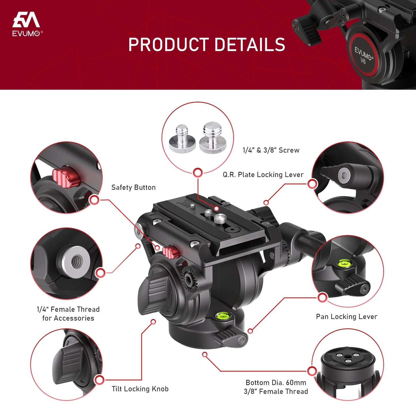 EVUMO V6 Fluid Video Tripod Head with Handle