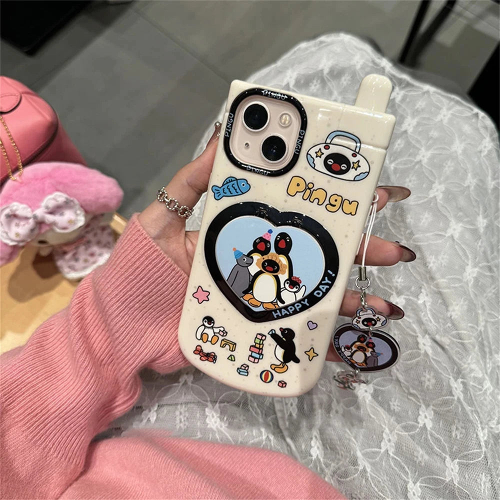 Cute Cartoon Penguin Pendant 3D Heart Mirror Phone Case for iPhone 15 14 13 12 Pro Max