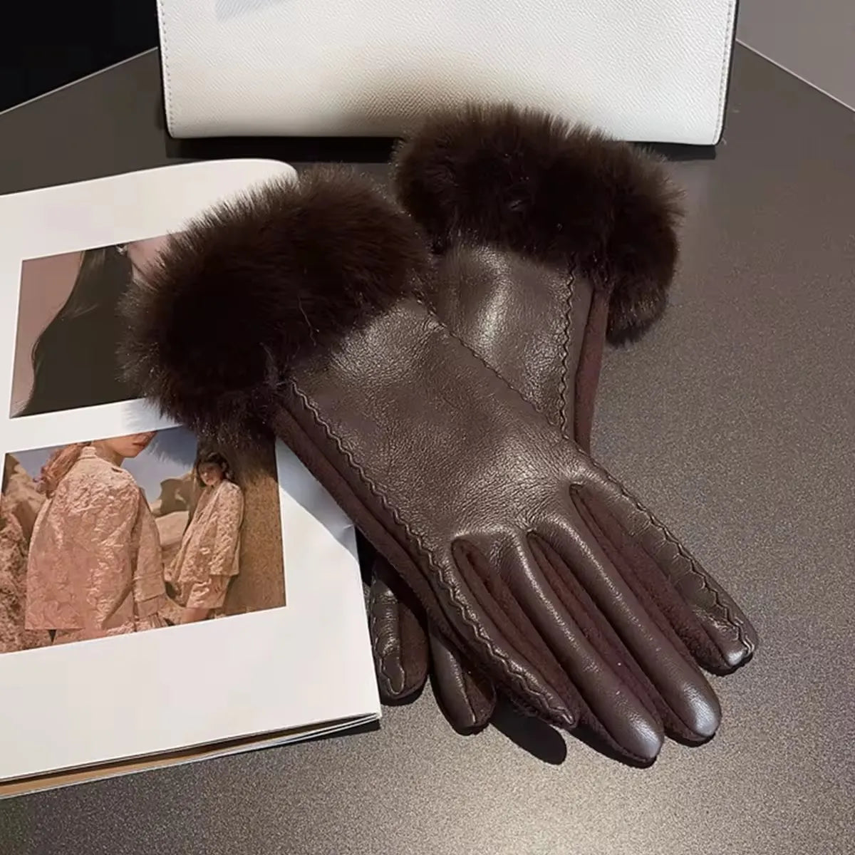 Women’s Winter PU Leather Warm Gloves
