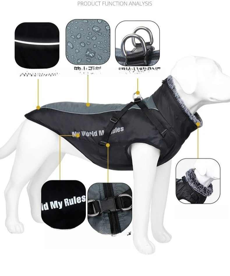 Reflective Winter Dog Coat with Faux Fur Collar for Large Dogs