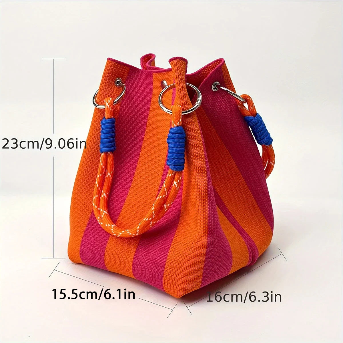 Color Block Knitted Cotton Bucket Tote Bag