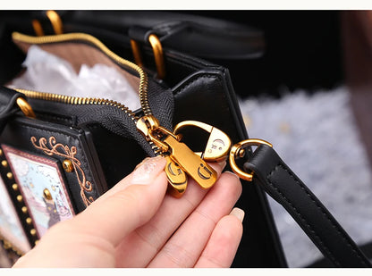 Vintage Cat Print Leather Tote Bag