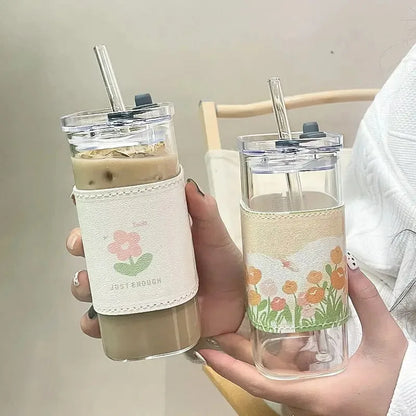 Heat-Resistant Borosilicate Glass Tumbler with Lid and Reusable Straw