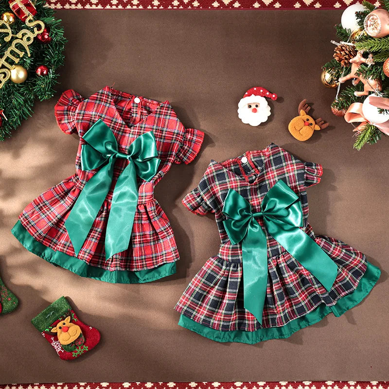 Plaid Christmas Dog Dress with Bow