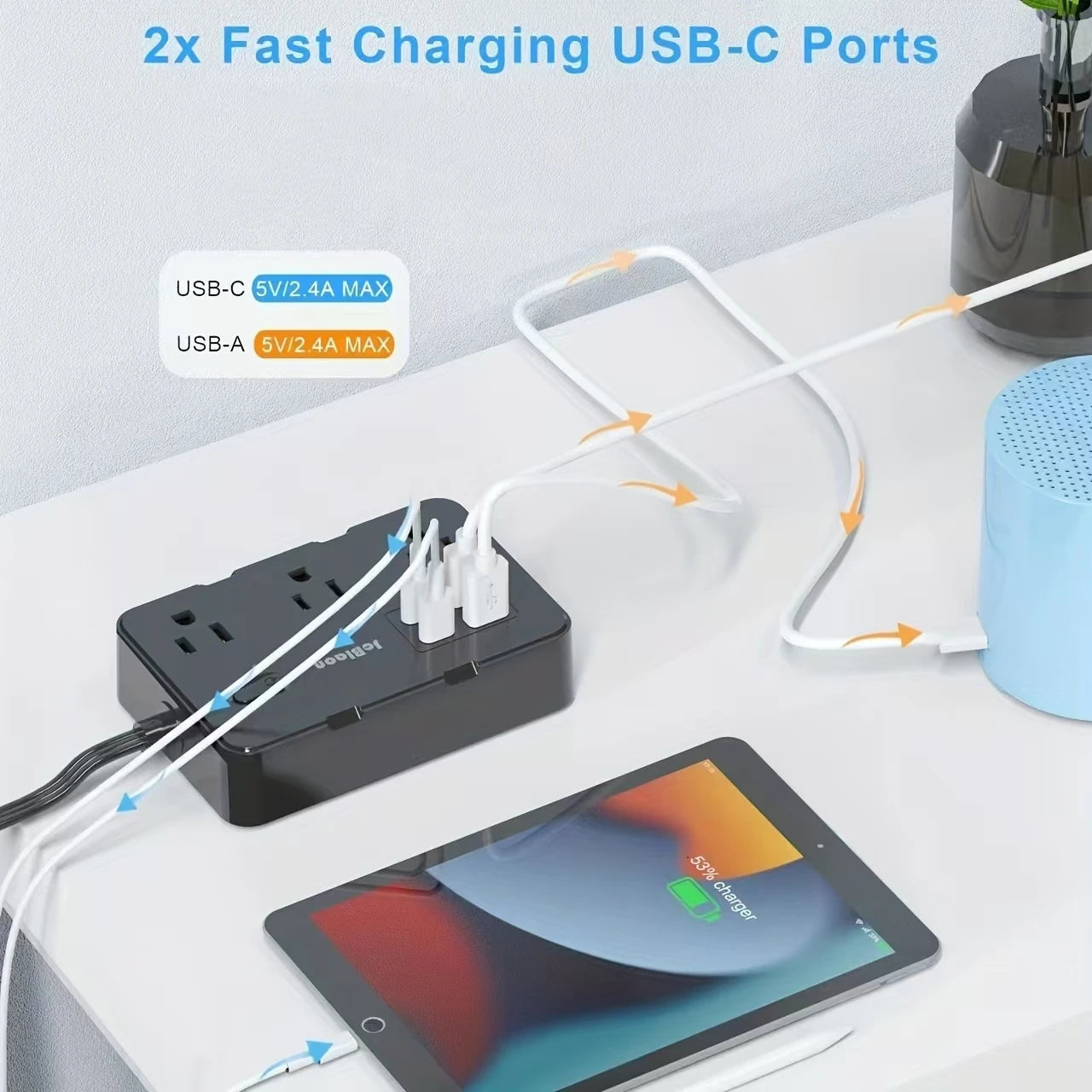 Ultra Thin US Power Strip with 6 Outlets & 4 USB Ports