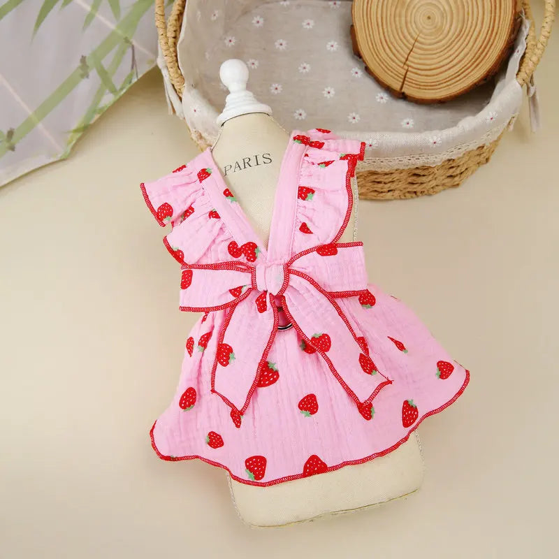 Strawberry Print Summer Dog Dress with Bow
