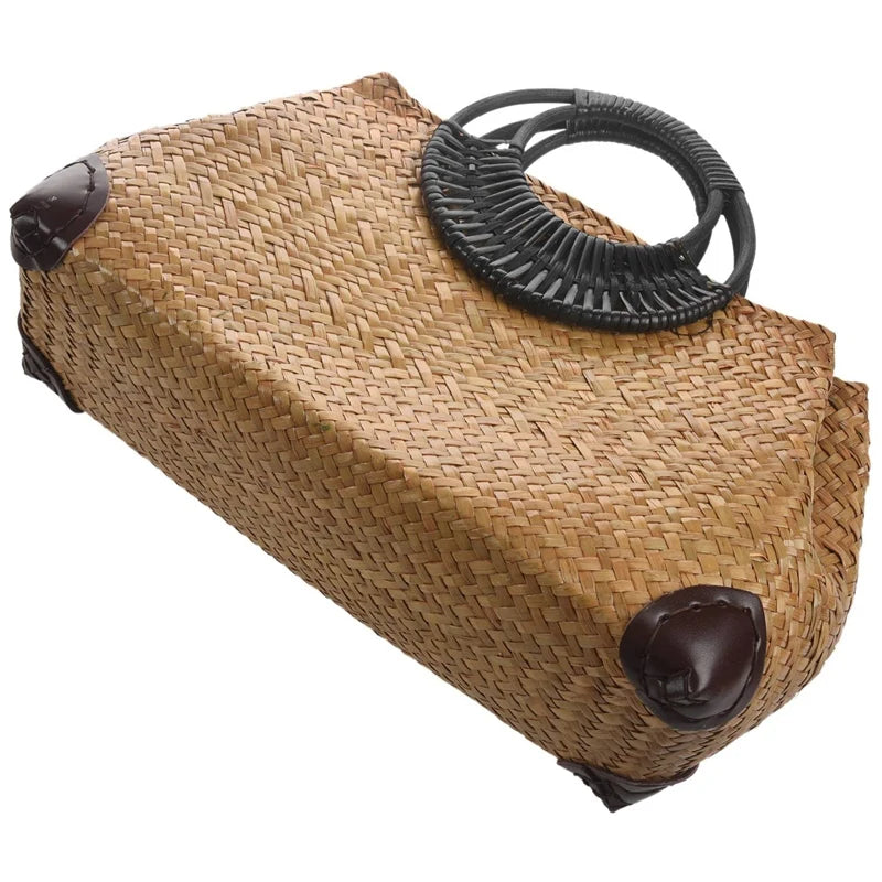 Woven Straw-Style Bamboo Handle Bag