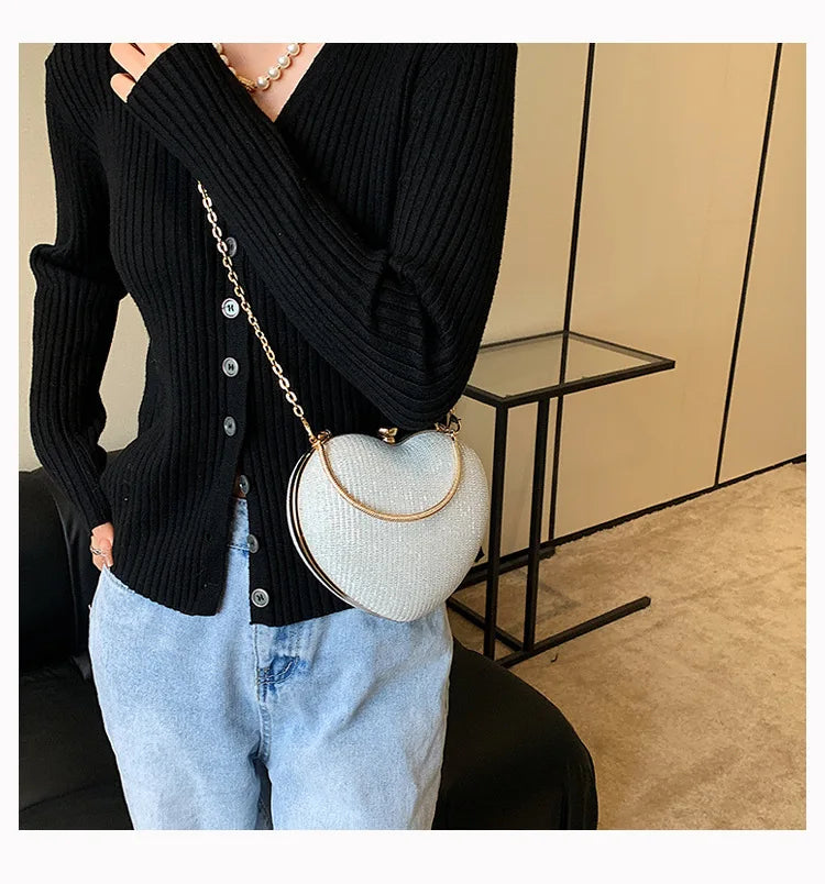 Heart-Shaped Evening Clutch Bag with Chain Strap