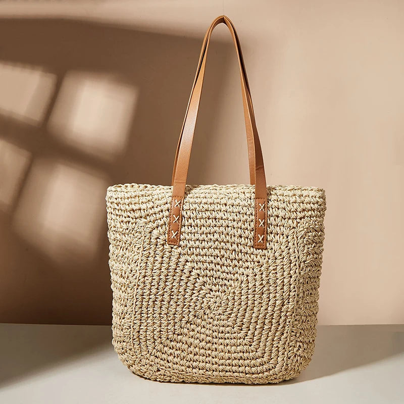 Handmade Woven Straw Beach Tote Bag