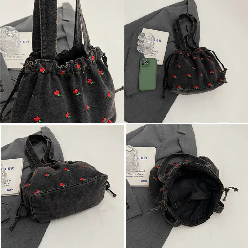 Embroidered Denim Drawstring Shoulder Tote Bag
