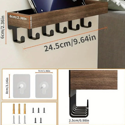 Wooden Wall Key Holder with Shelf & 6 Hooks
