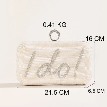 Women’s Pearl Beaded “I Do” Wedding Clutch with Chain Strap