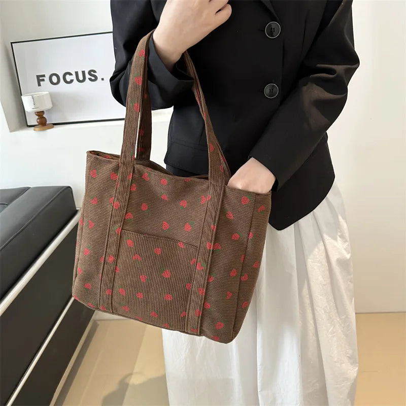 Corduroy Strawberry Print Tote Bag